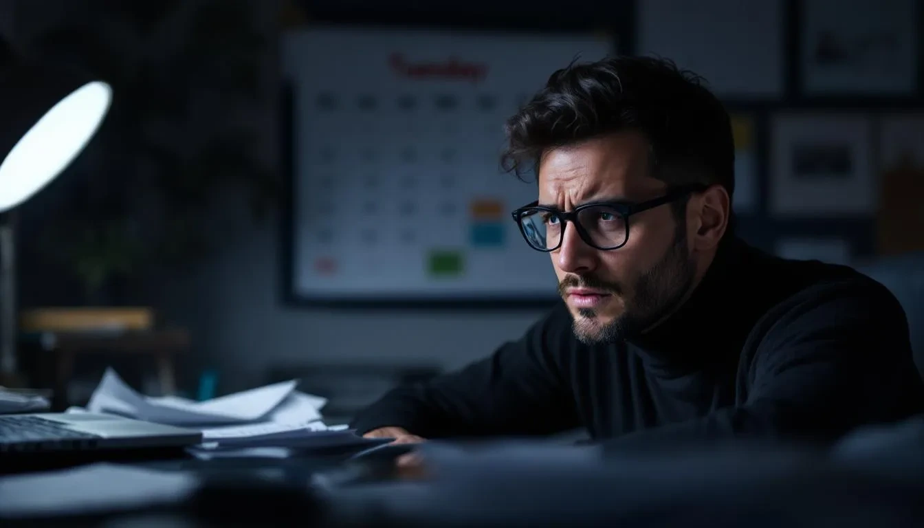 An overwhelmed person stares at a packed Tuesday schedule filled with tasks and meetings, embodying the stress of the work week and the pressure to maintain productivity. The image captures the essence of hustle culture and the struggle many employees face to achieve work-life balance amidst their to-do lists.